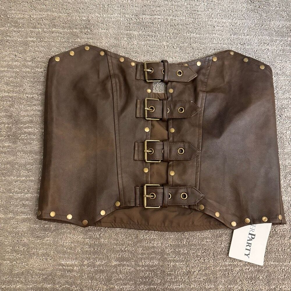 SisterParty Leather Cut Out Buckle Strapless Crop Top Brown Medium NWT